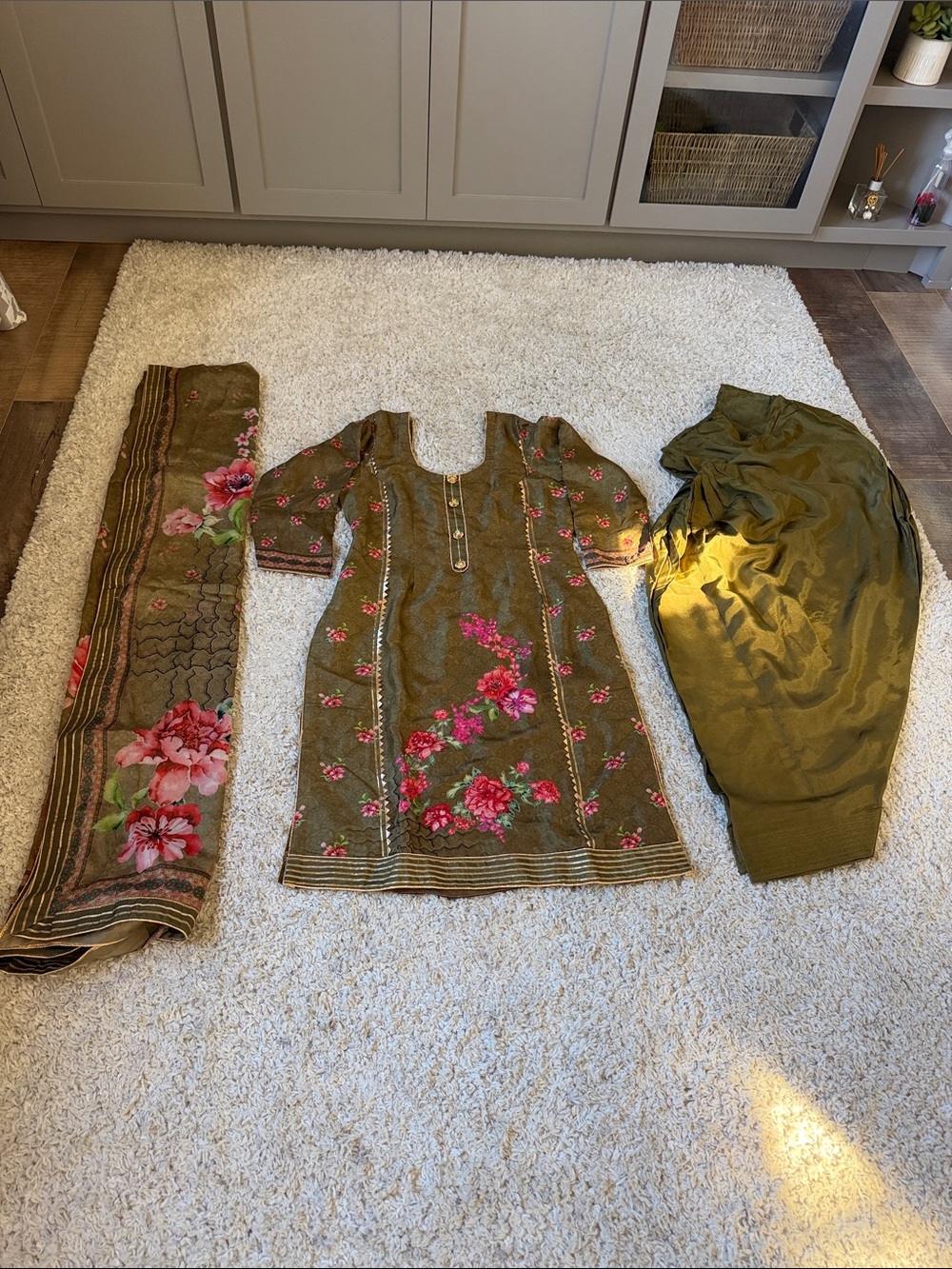 Olive Green Floral Embroidered salwar kameez outfit